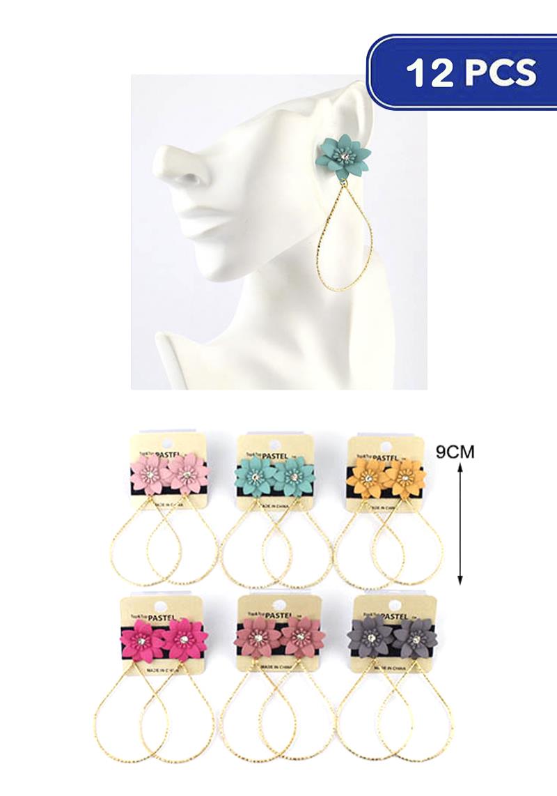 FASHION FLOWER METAL TEARDROP DANGLE EARRING (12 UNITS)