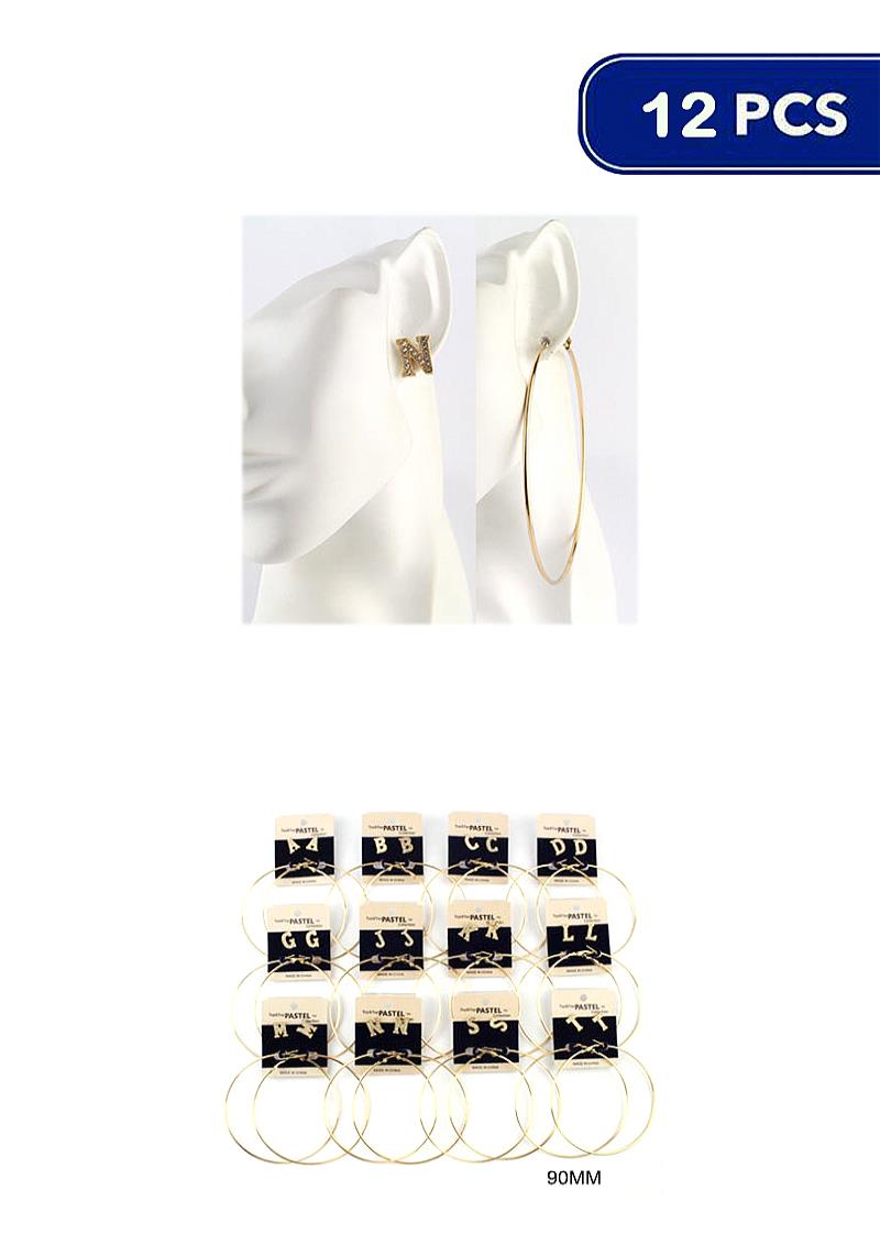 RHINESTONE LETTER METAL HOOP EARRING 2 PAIR EARRING SET (12 UNITS)
