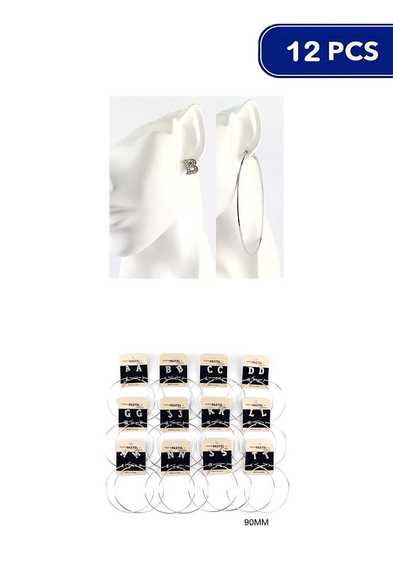 RHINESTONE LETTER METAL HOOP EARRING 2 PAIR EARRING SET (12 UNITS)