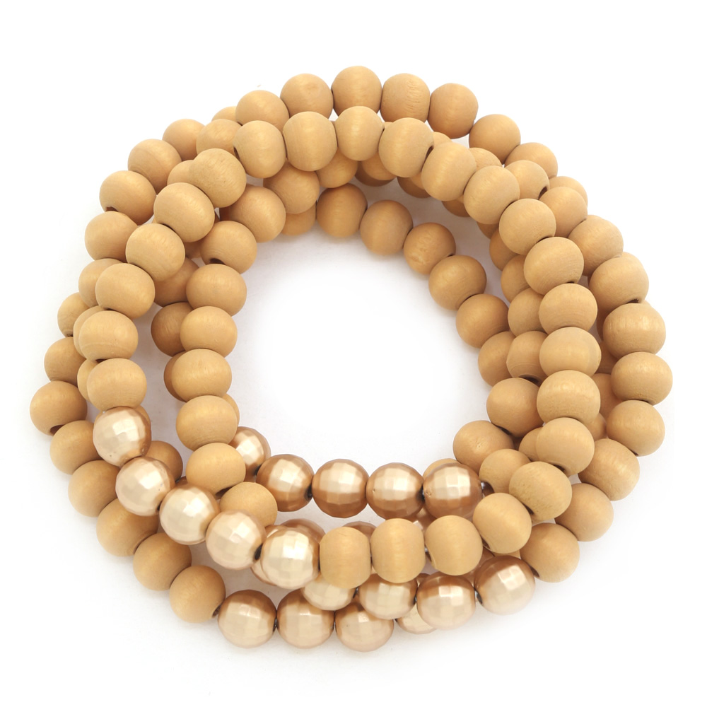 WOOD METAL BEAD STRETCH BRACELET SET