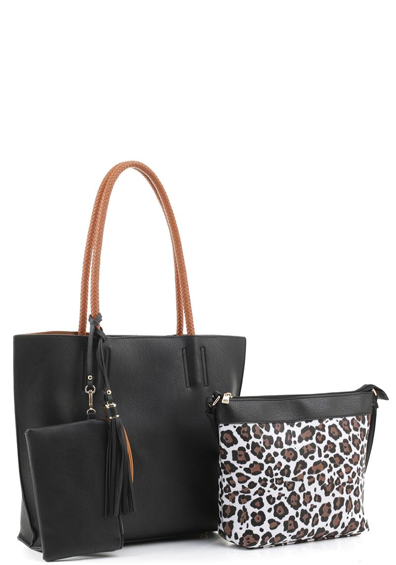 3IN1 PLAIN SMOOTH TASSEL TOTE BAG WITH ANIMAL PRINT BAG AND CLUTCH SET