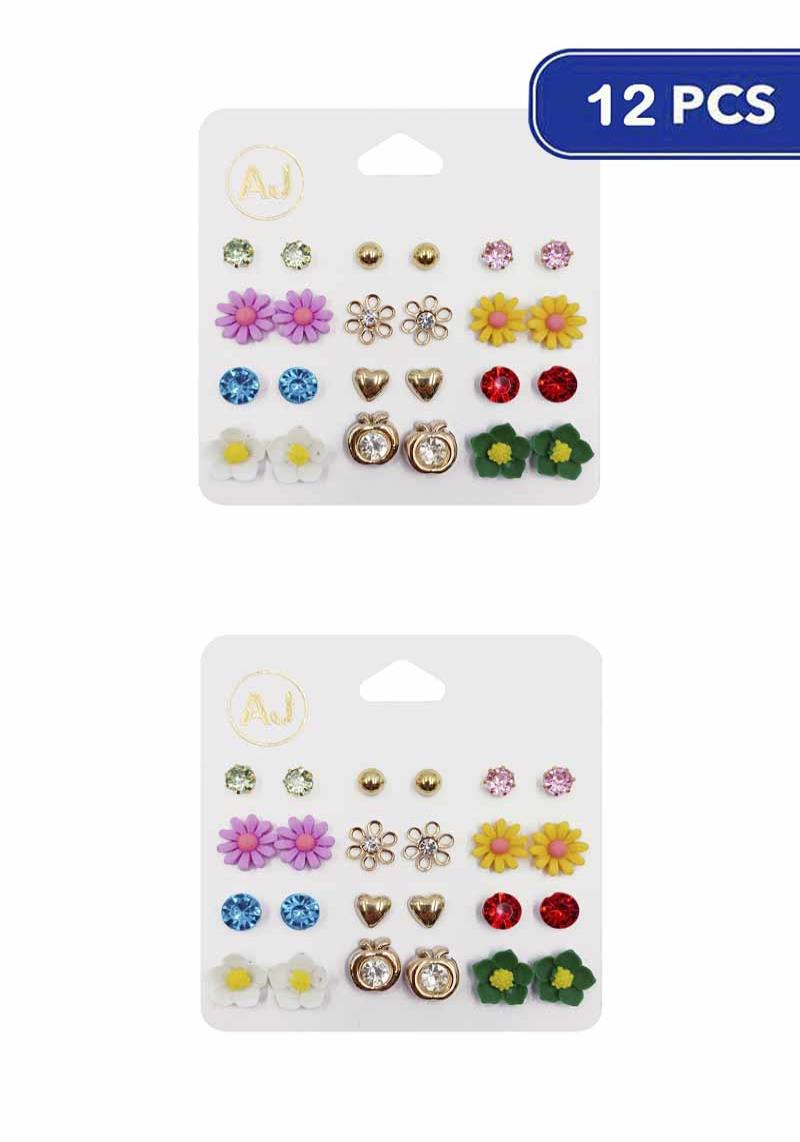 FASHION FLOWER STUD EARRING 12 PAIR SET (12 UNITS)