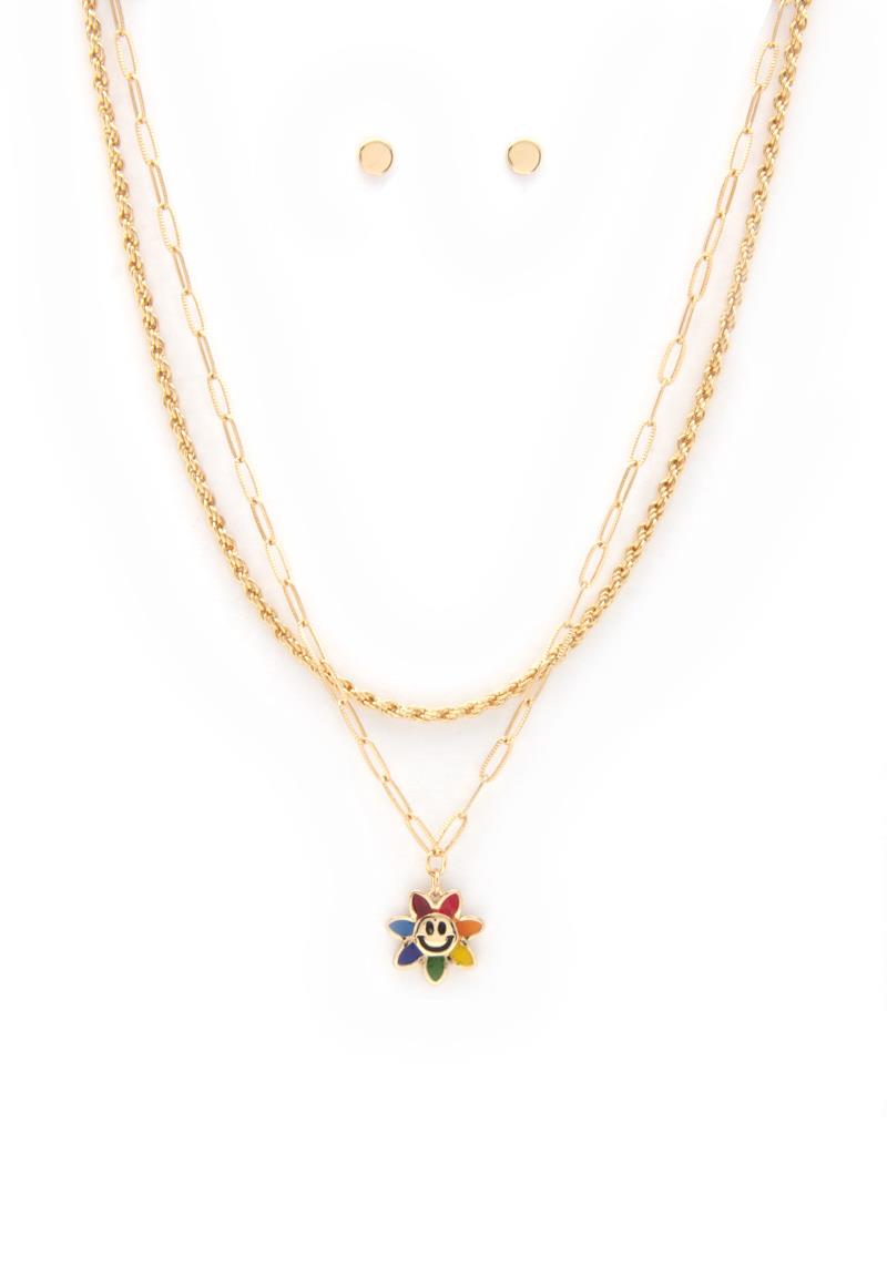 ENAMEL HAPPY FACE SUN CHARM ROPE LAYER NECKLACE