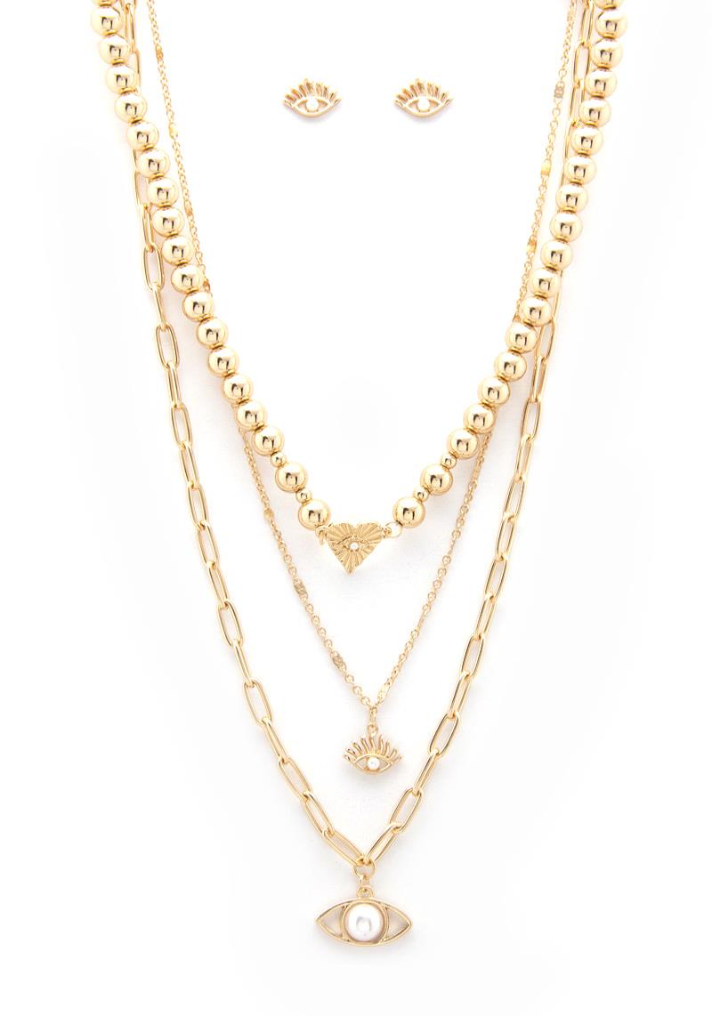SODAJO EYE CHARM METAL BEAD LAYERED NECKLACE