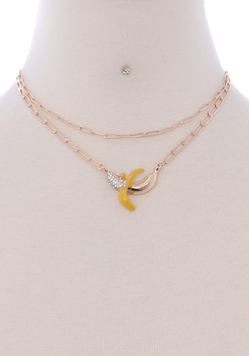 2 LAYERED METAL CHAIN BANANA PENDANT NECKLACE EARRING SET