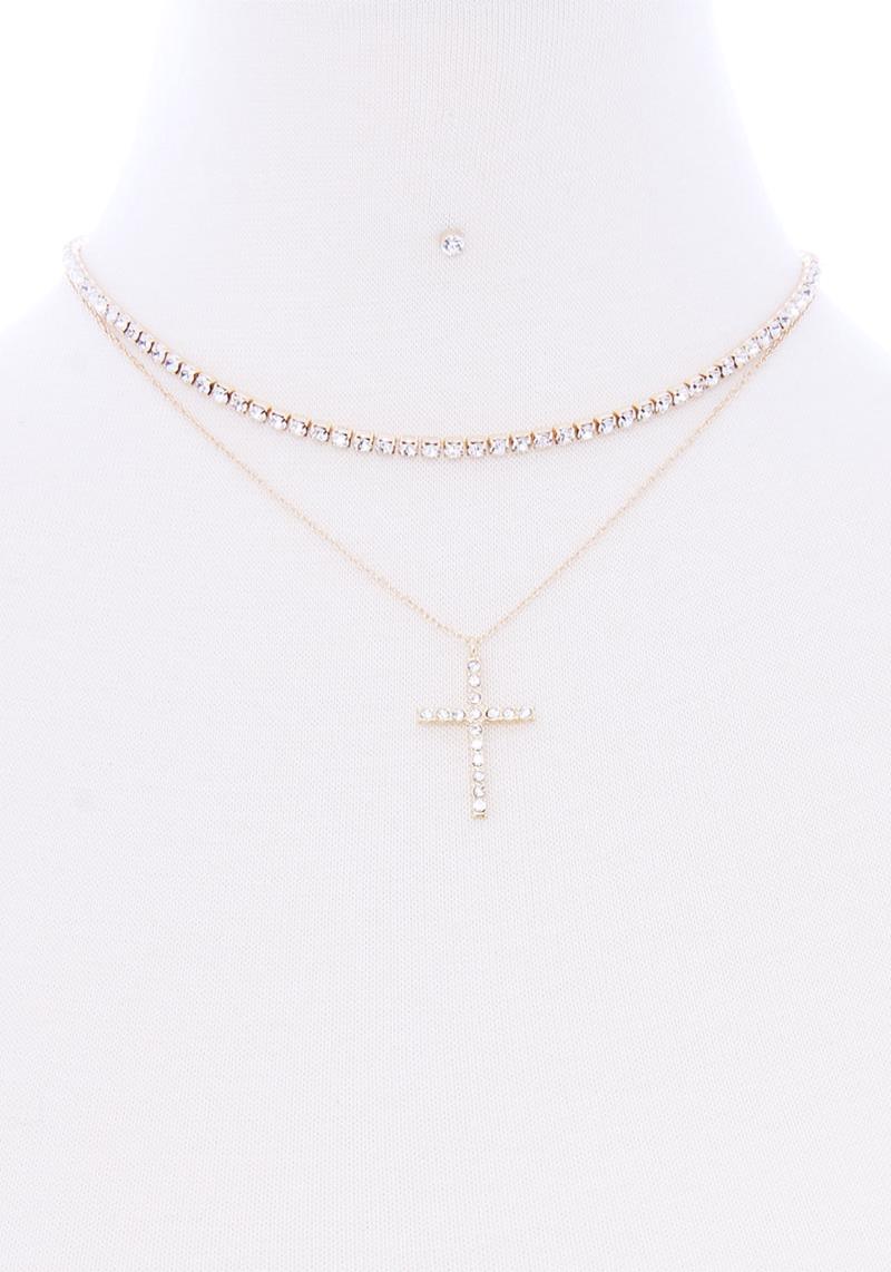 2 LAYERED CROSS STONE PENDANT NECKLACE EARRING SET