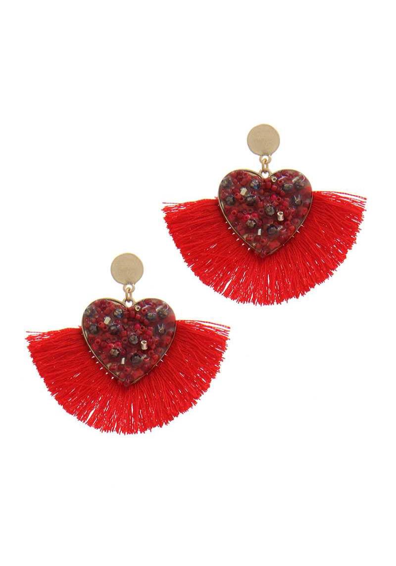 BEADED HEART SHAPE TASSEL POST DROP EARRING