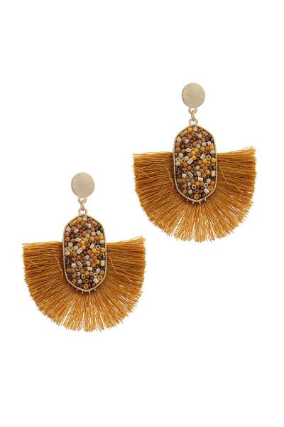 BEADED OVAL SHAPE TASSEL POST DROP EARRING