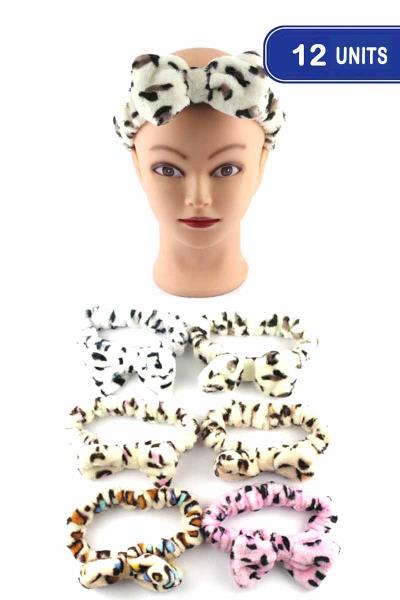 FASHION LEOPARD PRINT FAUX FUR RIBBON SPA HEADBAND (12 UNITS)