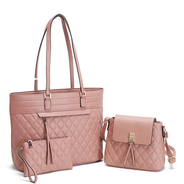 3IN1 QUILT ZIPPER TOTE BAG WITH CROSSBODY AND CLUTCH SET