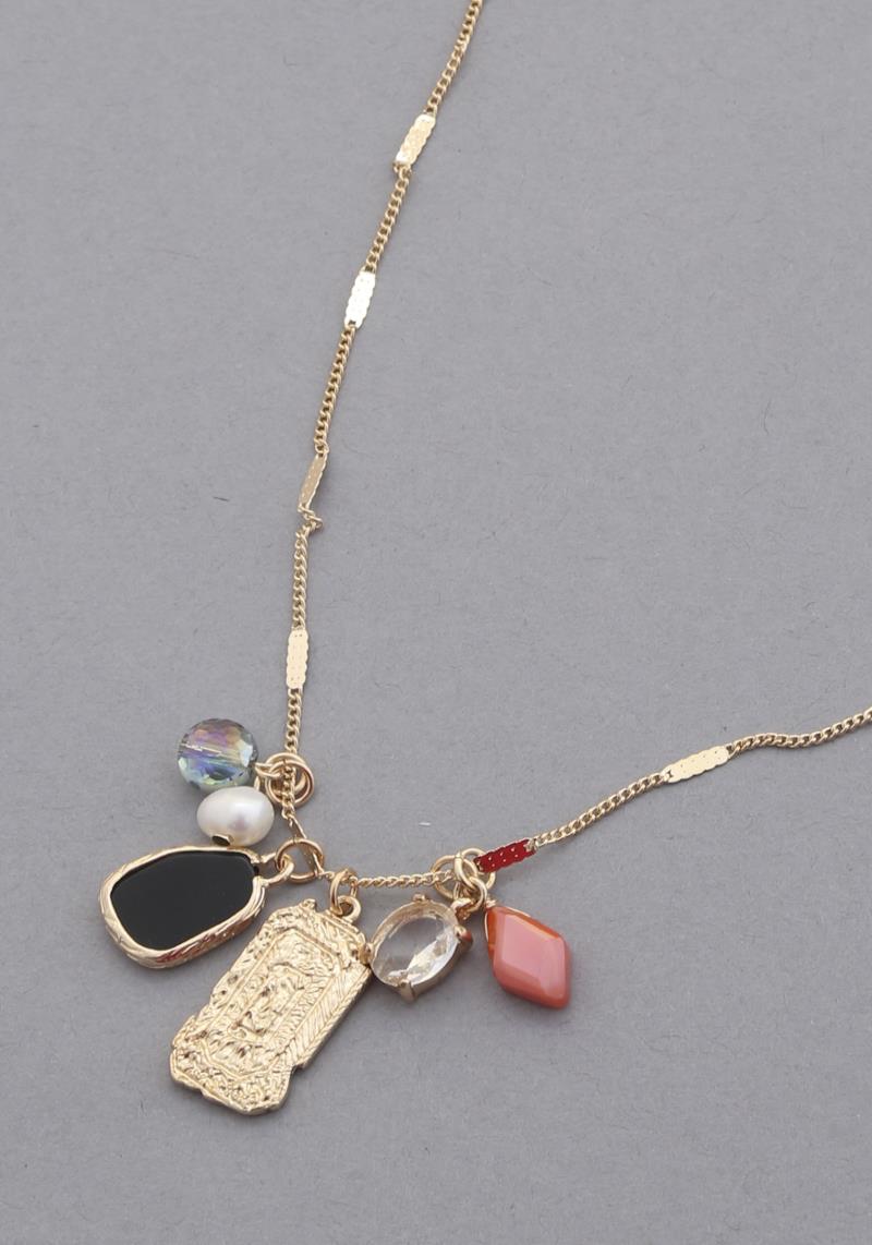 ORGAINC SHAPE STONE PEARL CHARM NECKLACE