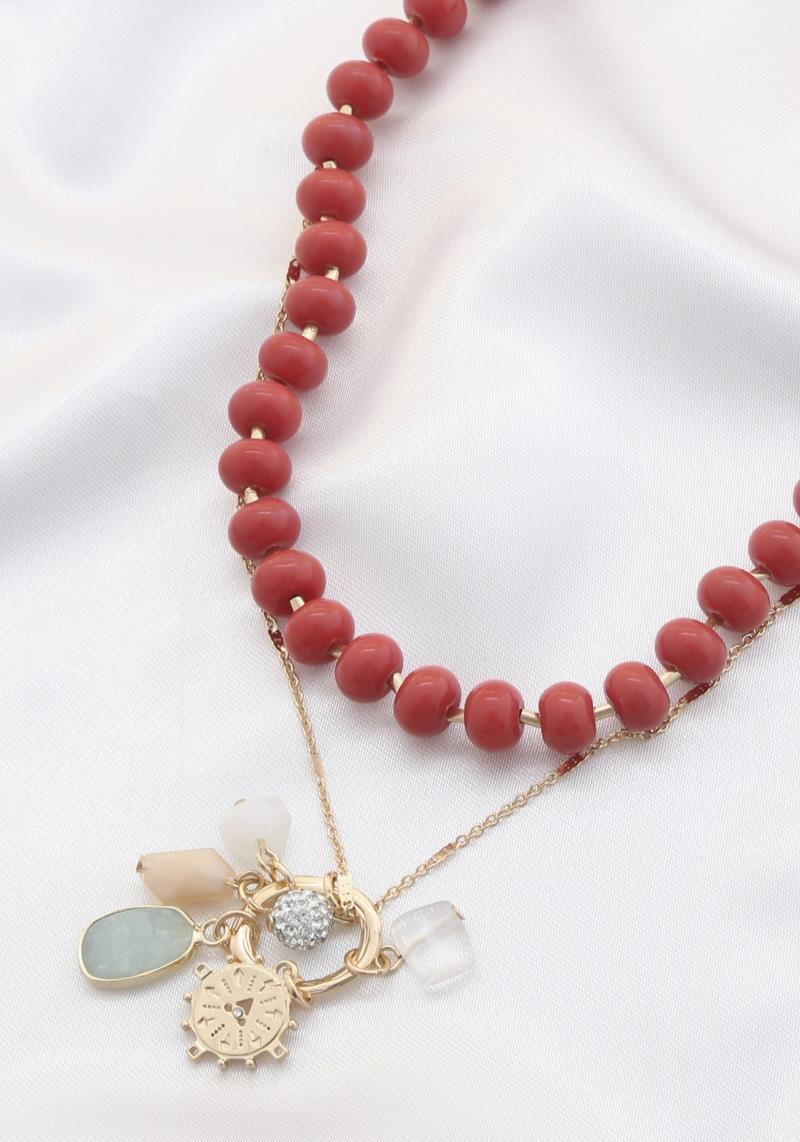 OVAL STONE CHARM BEADED LAYERED NECKLACE