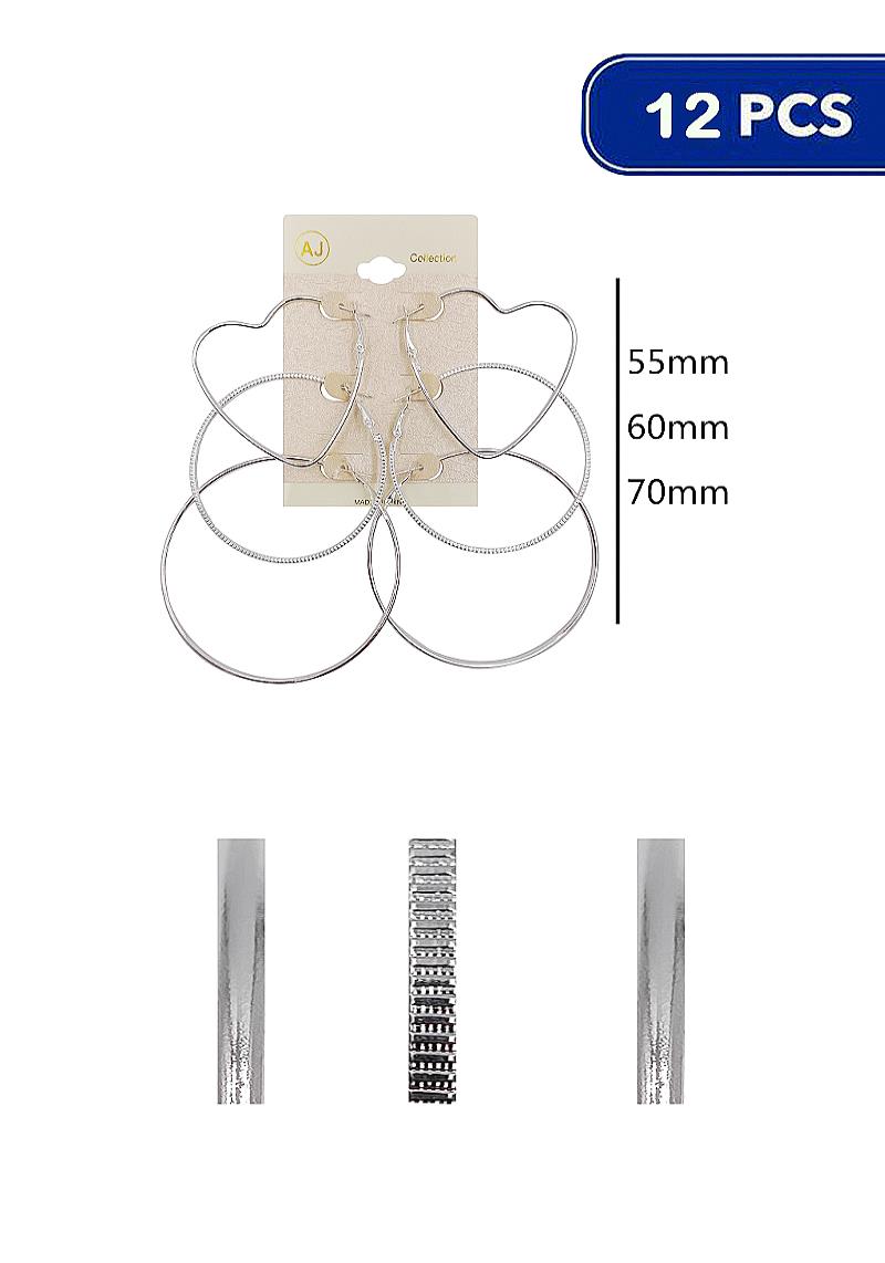 CHIC METAL HEART HOOP 3 PAIR EARRING SET (12 UNITS)