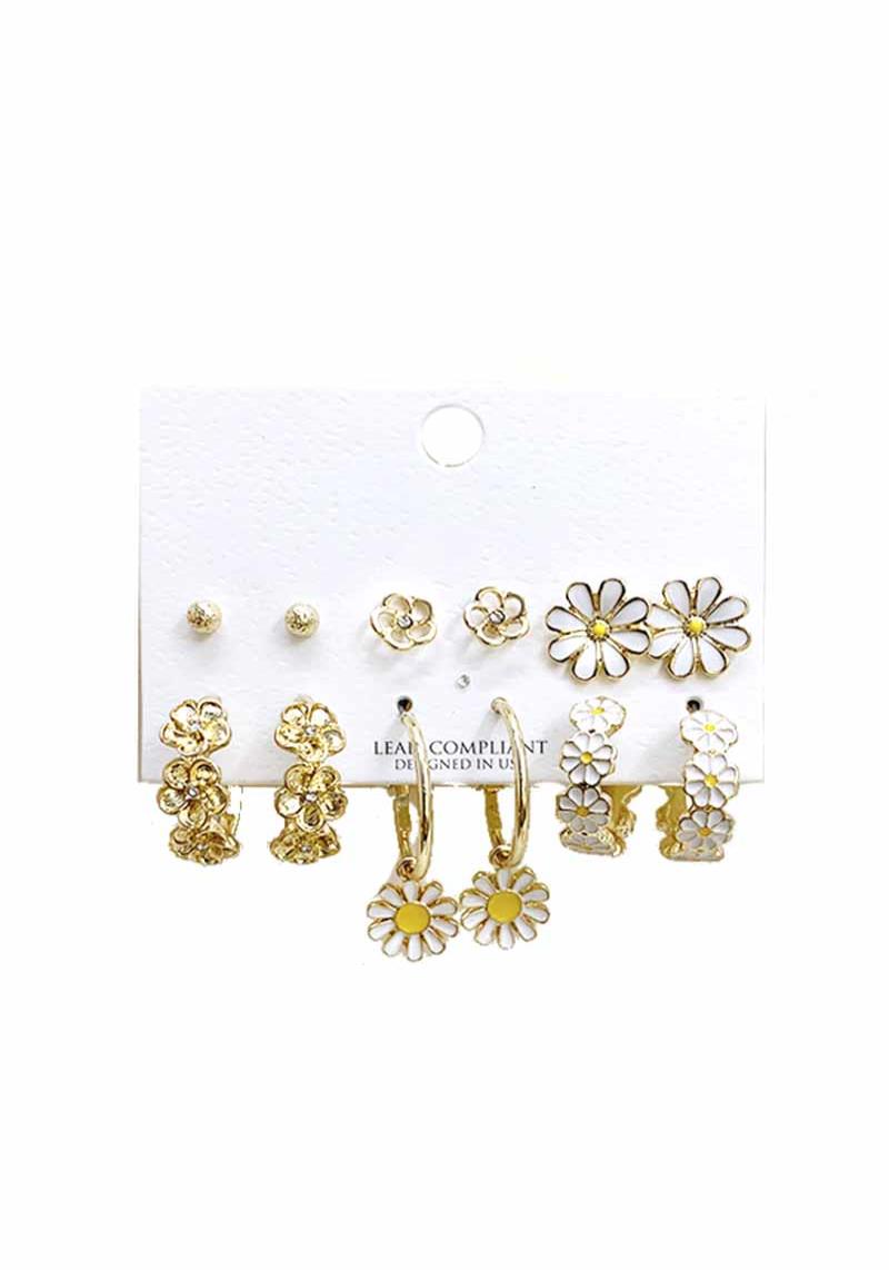 FLOWER METAL STUD HOOP EARRING 6 PAIR SET