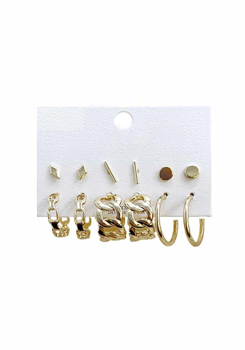 METAL STUD HOOP EARRING 6 PAIR SET