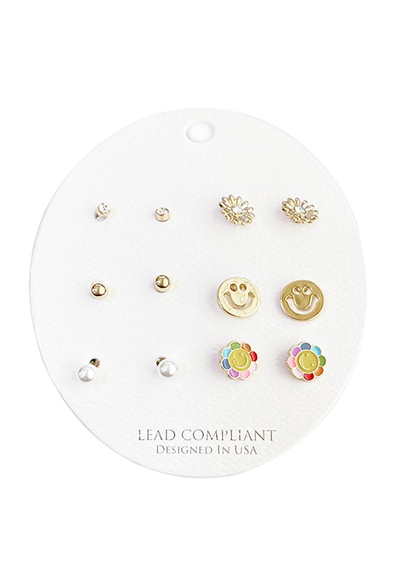 FASHION MINI SMILEY FACE FLORAL PEARL BEAD 6 PC EARRING SET