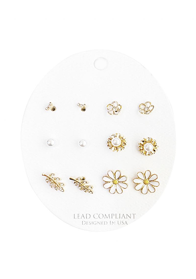 CHIC RHINESTONE PEARL FLORAL LEAF 6 PC EARRING SET