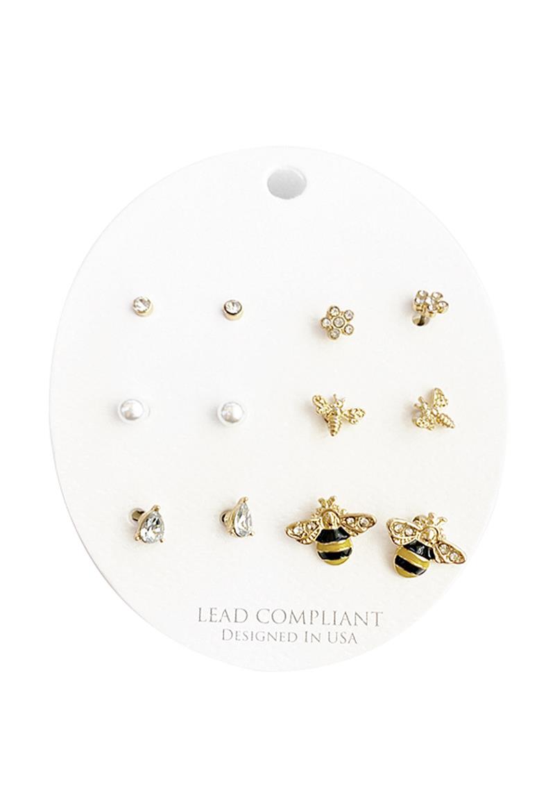FASHION CRYSTAL TEAR PEARL RHINESTONE FLOWER BUG 6 PC EARRING SET