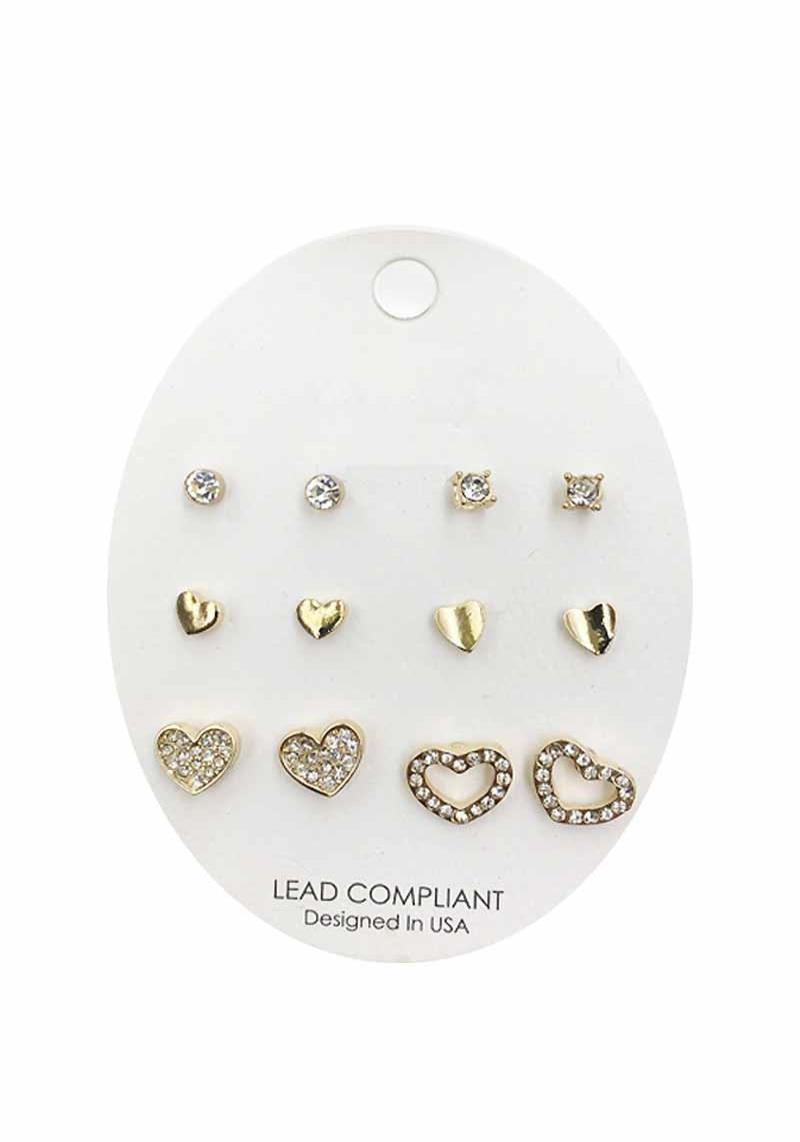 RHINESTONE HEART STUD EARRING 6 PAIR SET