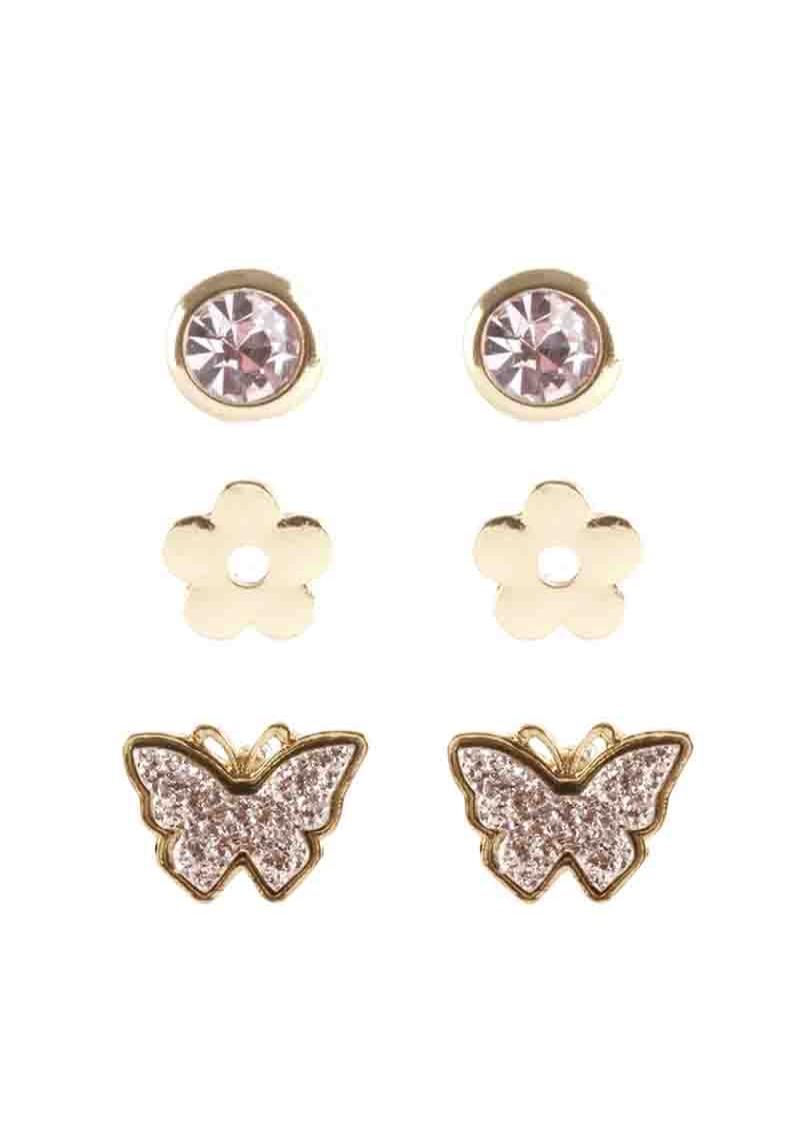 RHINESTONE GLITTER FLOWER BUTTERFLY STUD EARRING 3 PAIR SET