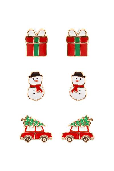 CHRISTMAS HOLIDAY GIFT SNOWMAN CAR 3 PAIR EARRING SET