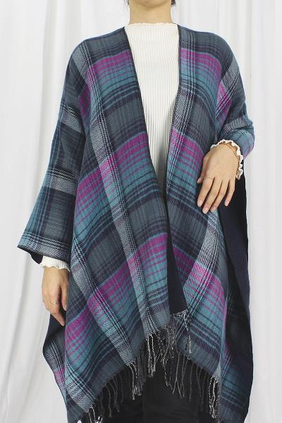 PLAID REVERSIBLE CAPE WITH TASSEL PONCHO