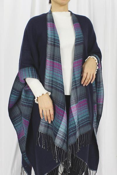 PLAID REVERSIBLE CAPE WITH TASSEL PONCHO