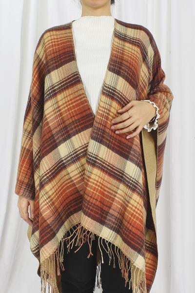 PLAID REVERSIBLE CAPE WITH TASSEL PONCHO