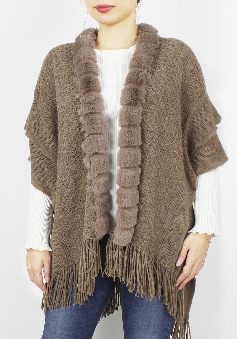 FUR AND RUFFLE KNIT CAPE PONCHO