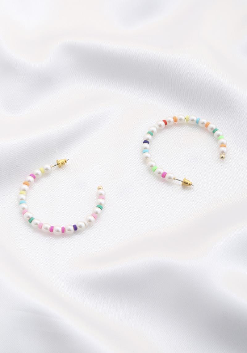 HEISHI BEAD PEARL OPEN HOOP EARRING