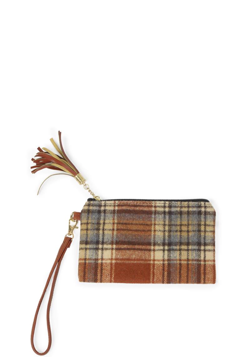 PLAID PRINT POUCH BAG W.WRISTLET