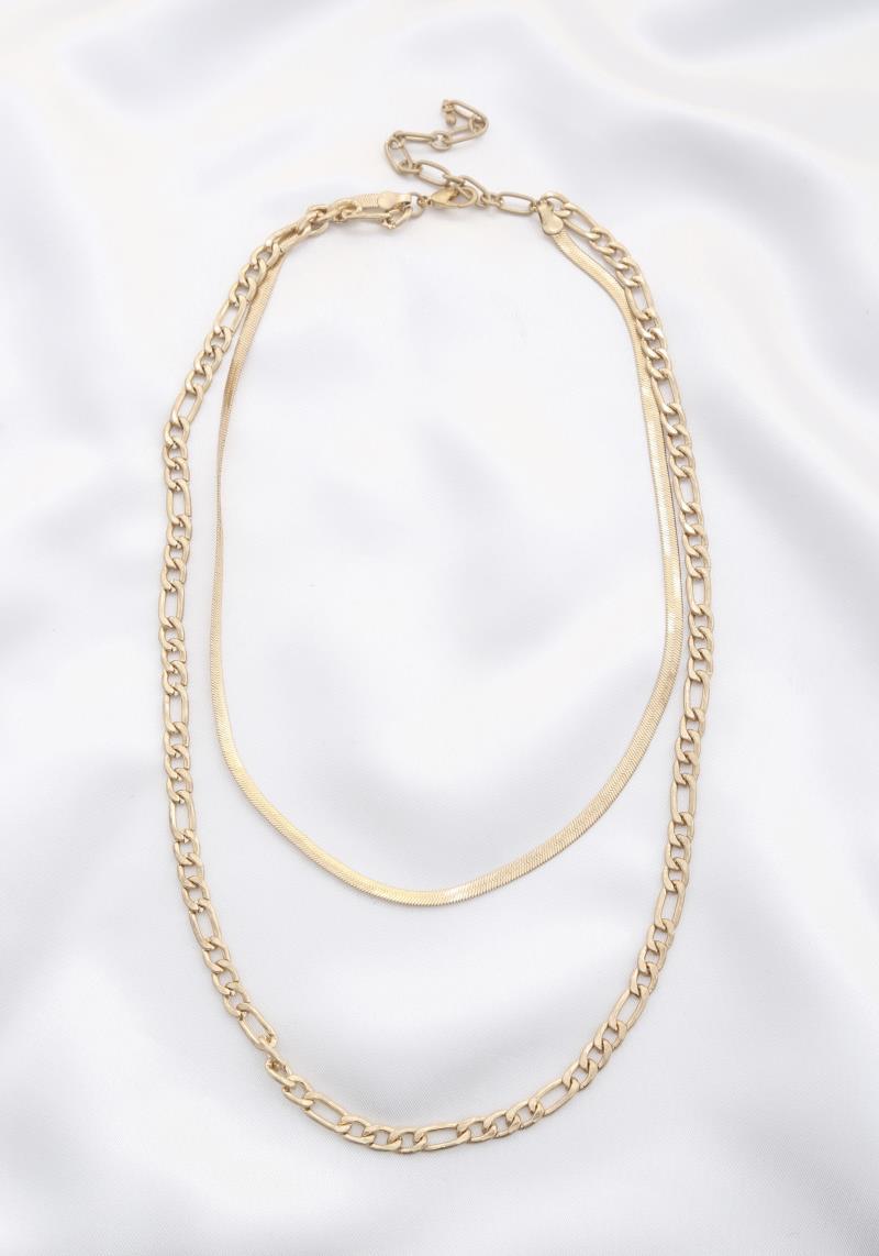 FLAT SNAKE CHAIN FIGARO LINK LAYERED NECKLACE