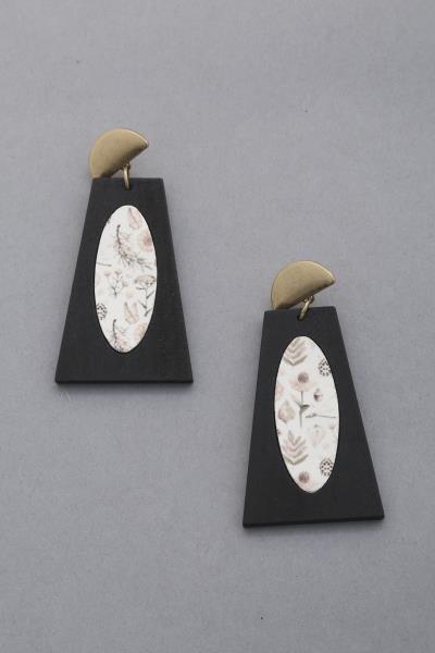 FLOWER PRINT WOOD TRIANGLE SHAPE EARRING