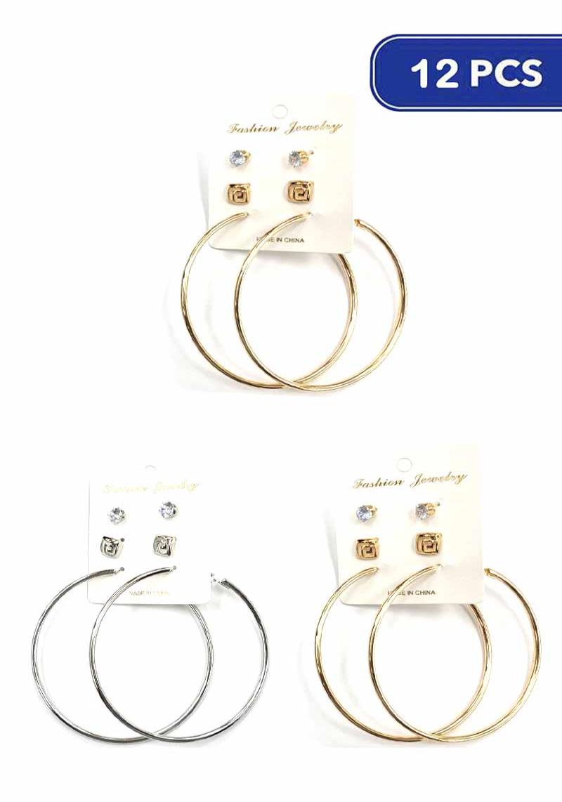 FASHION METAL HOOP & STUD EARRING 3 PAIR SET(12 UNITS)
