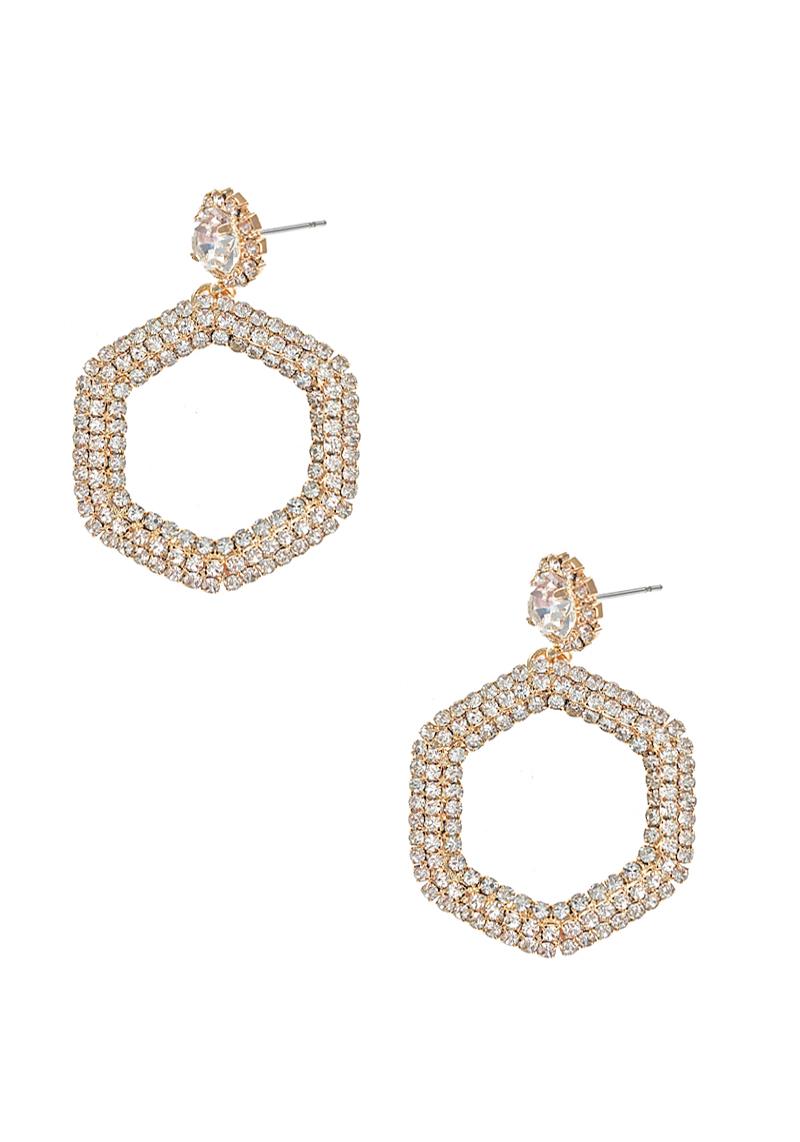 RHINESTONE HEXAGON OPEN SHAPE CRYSTAL EARRING
