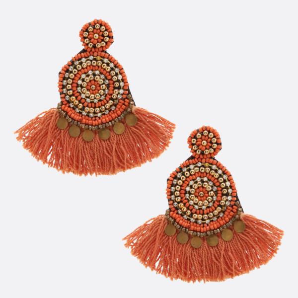 ROUND SEED BEAD FAN TASSEL EARRING