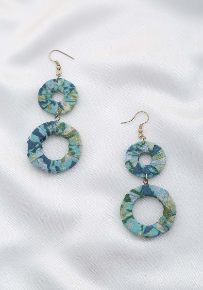 FABRIC WRAPPED DOUBLE CIRCLE DANGLE EARRING