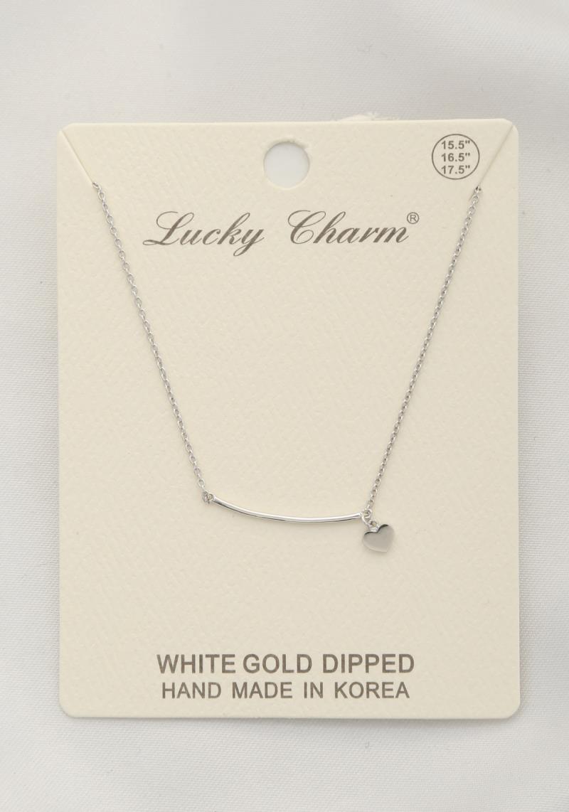 CURVE BAR HEART CHARM WHITE GOLD DIPPED NECKLACE
