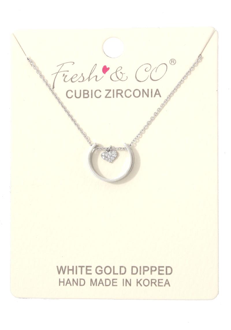 DAINTY RHINESTONE HEART OPEN CIRCLE CHARM NECKLACE