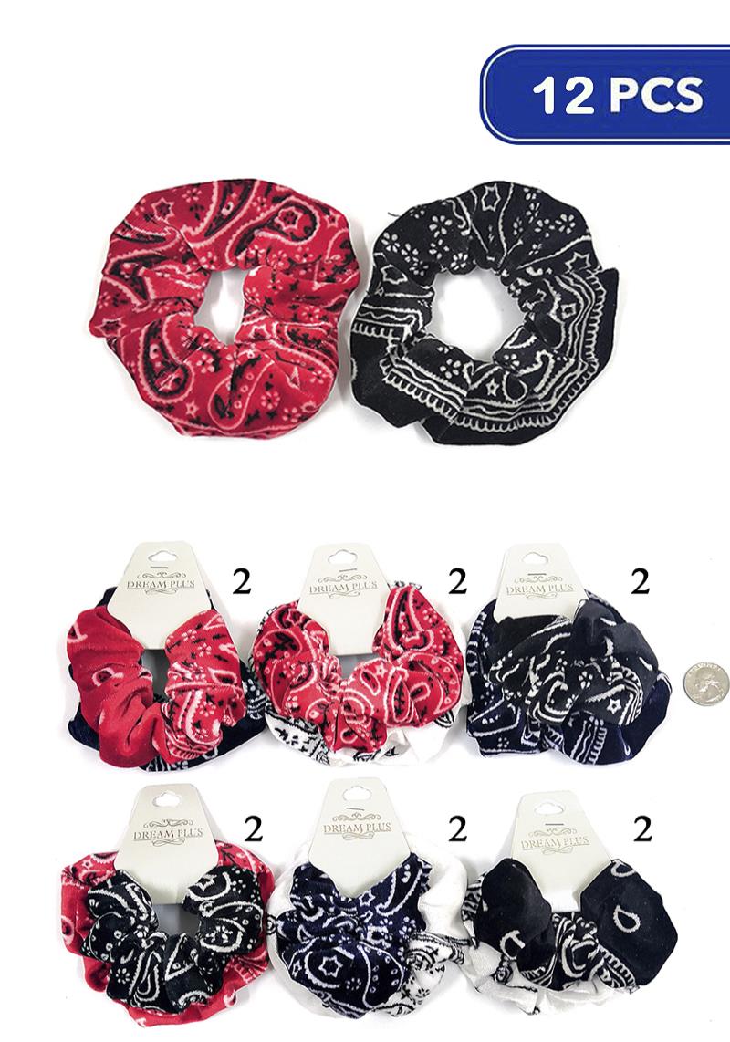 FASHION VELVET PAISLEY PATTERN HAIR SCRUNCHIES (12 UNITS)