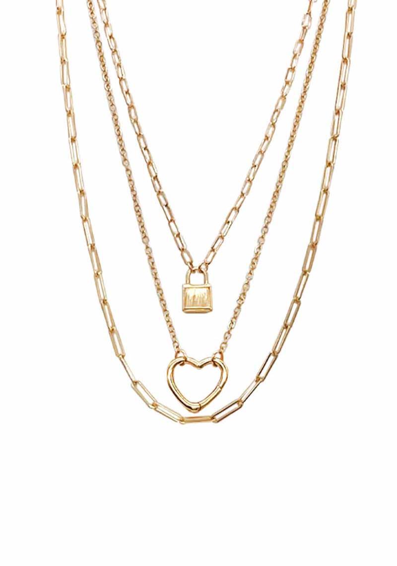 3 LAYERED METAL CHAIN HEART LOCK PENDANT NECKLACE