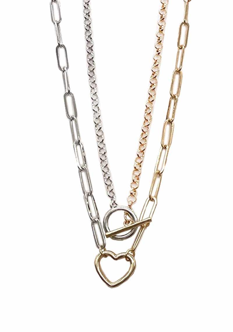 2 LAYERED METAL CHAIN HEART TOGGLE CLASP NECKLACE