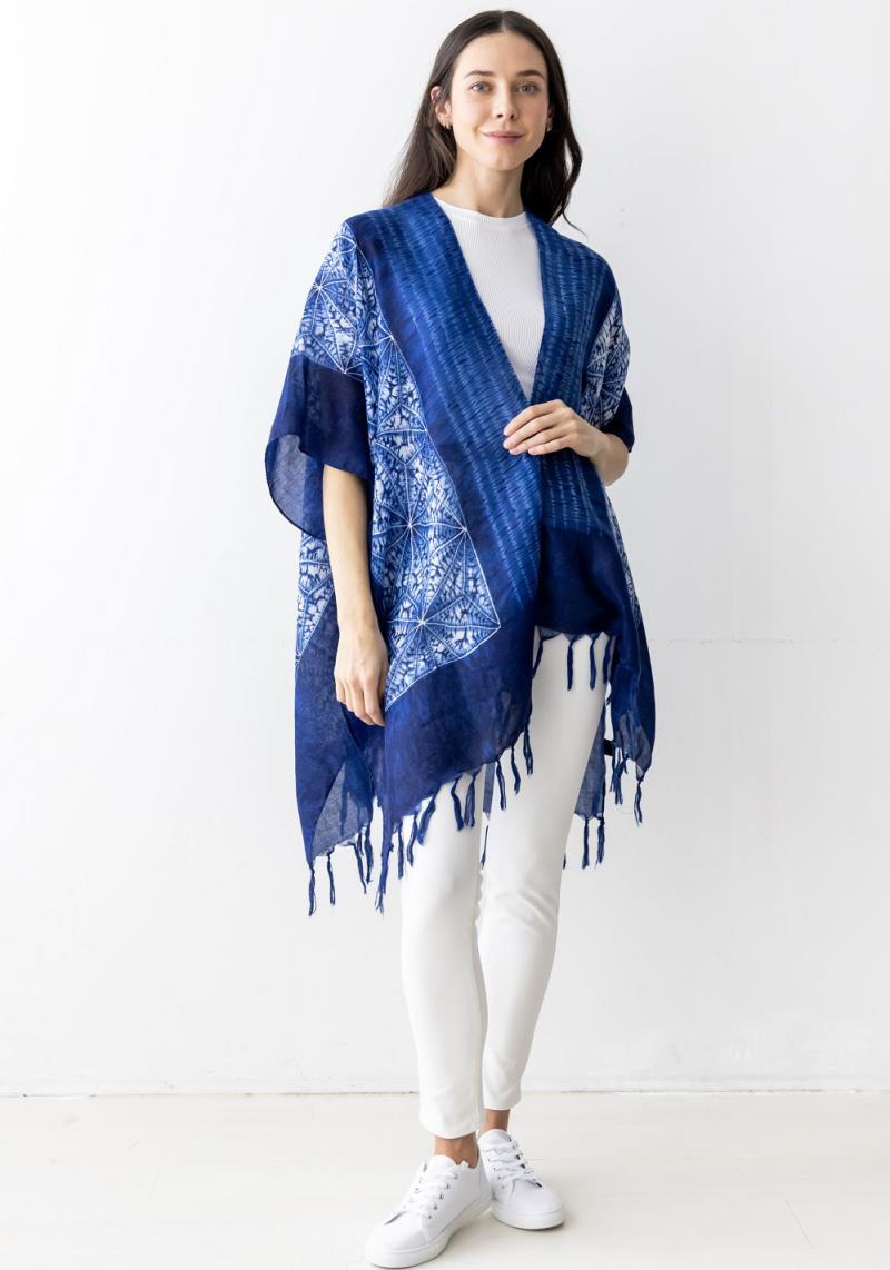 INDIGO ABSTRACT PRINT KIMONO W/ FRINGES