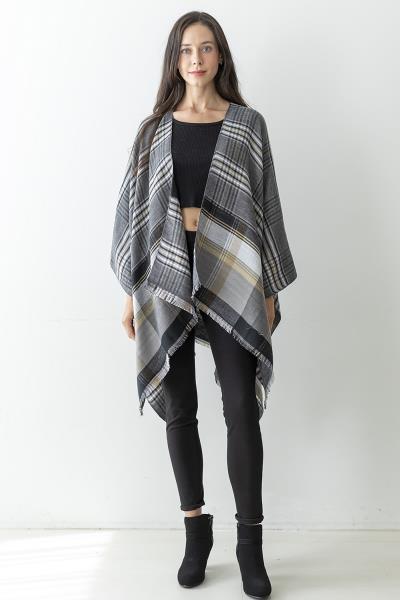 PLAID CHECKS RUANA W/ FRAYED EDGES