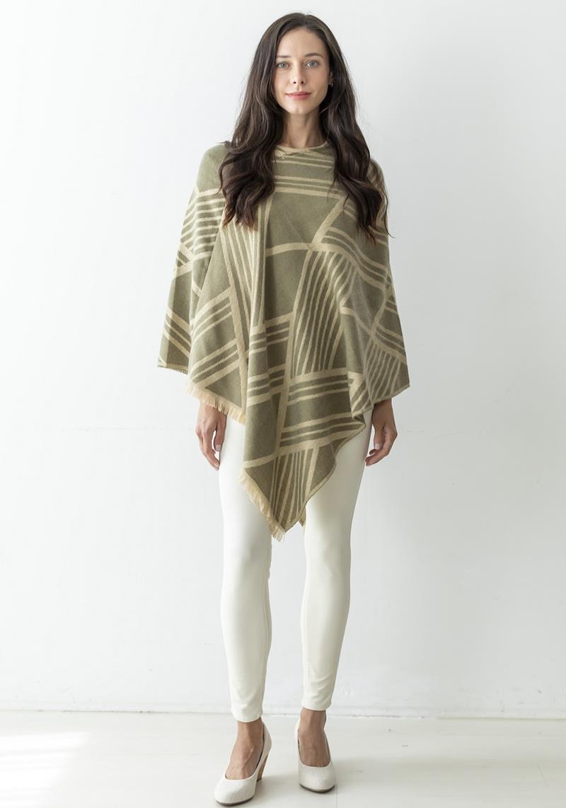 GEOMETRIC STRIPE PONCHO W/ FRAYED EDGES