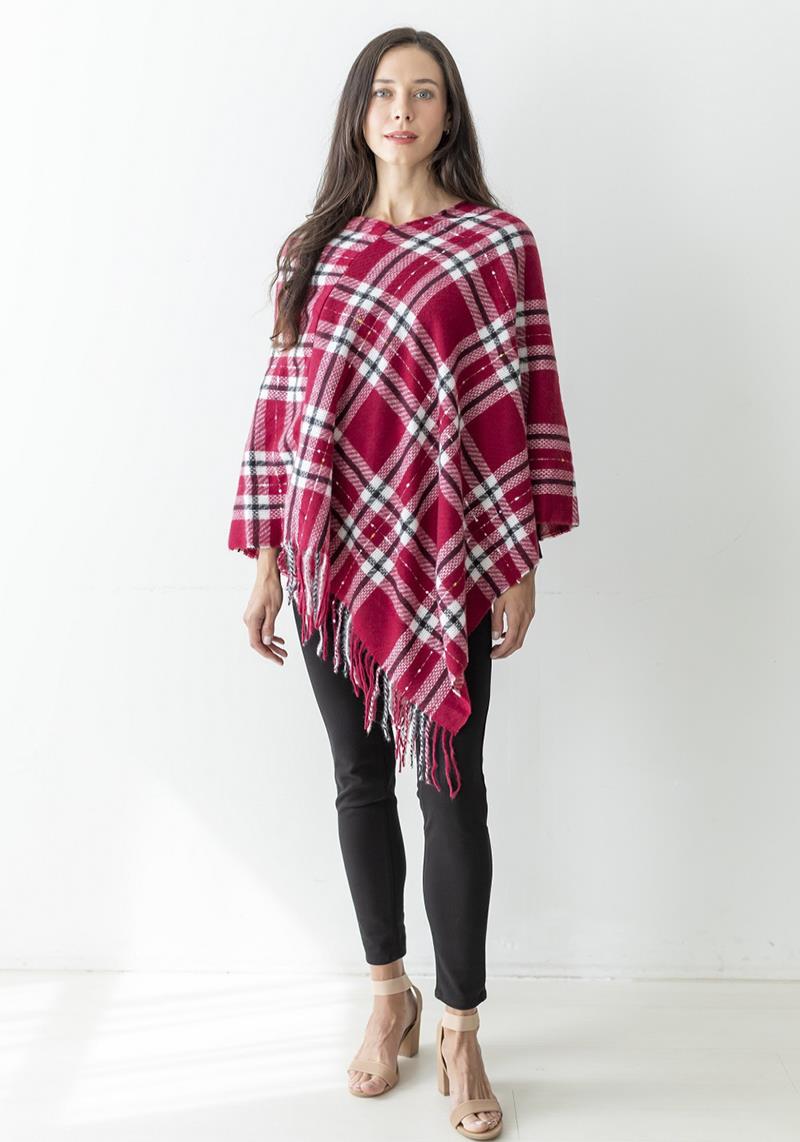 PLAID STITCH PONCHO W/ TASSELS