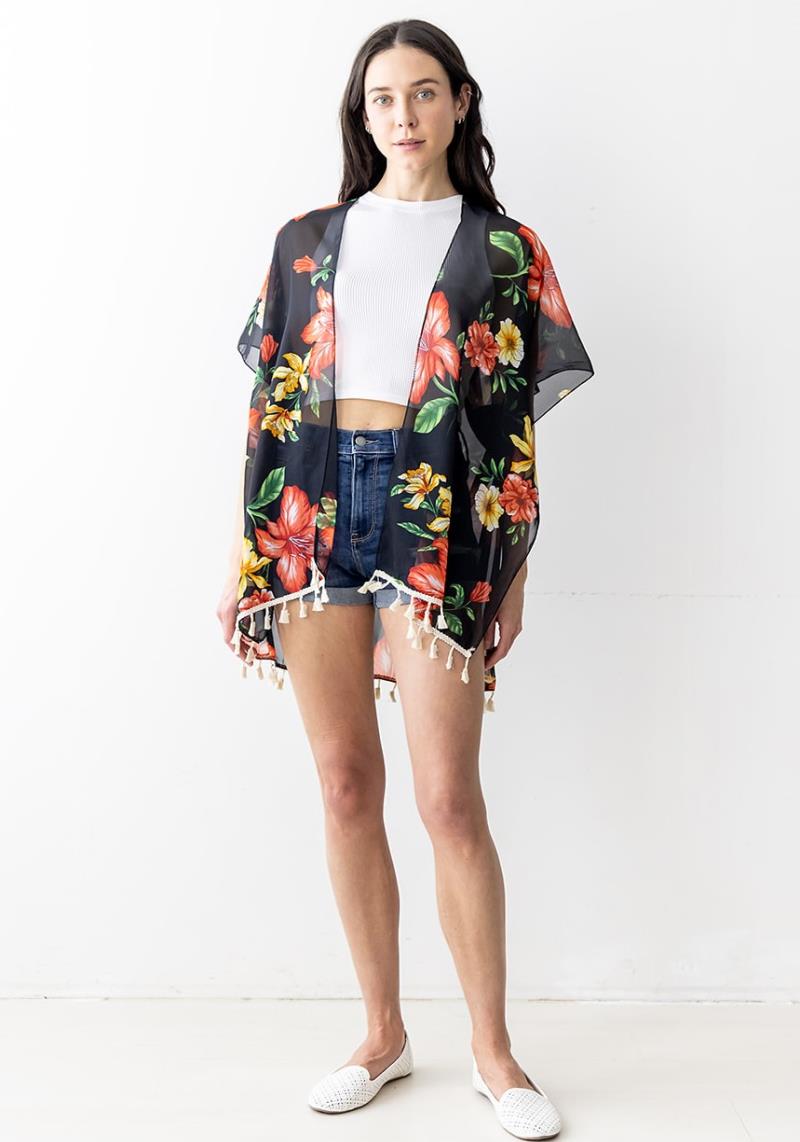MESH TASSEL FLOWER PRINT SHORT KIMONO
