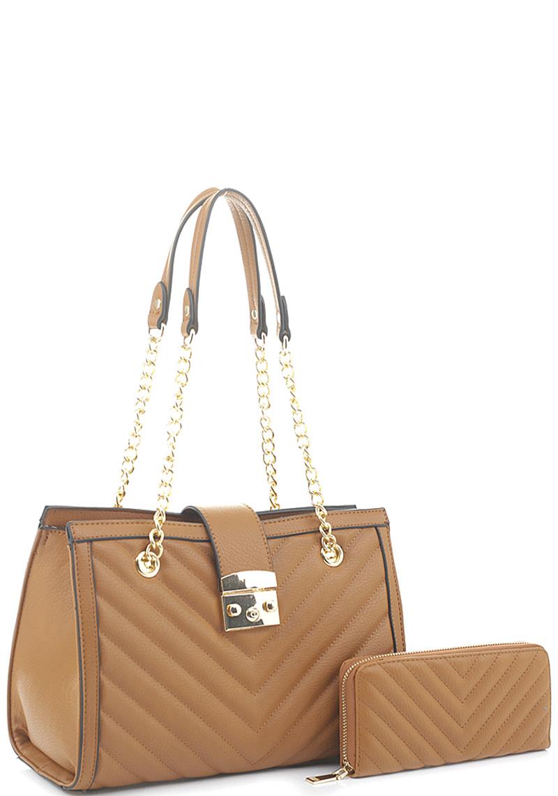 2IN1 CHEVRON DESIGN METAL CHIC TOTE BAG WITH MATCHING WALLET SET