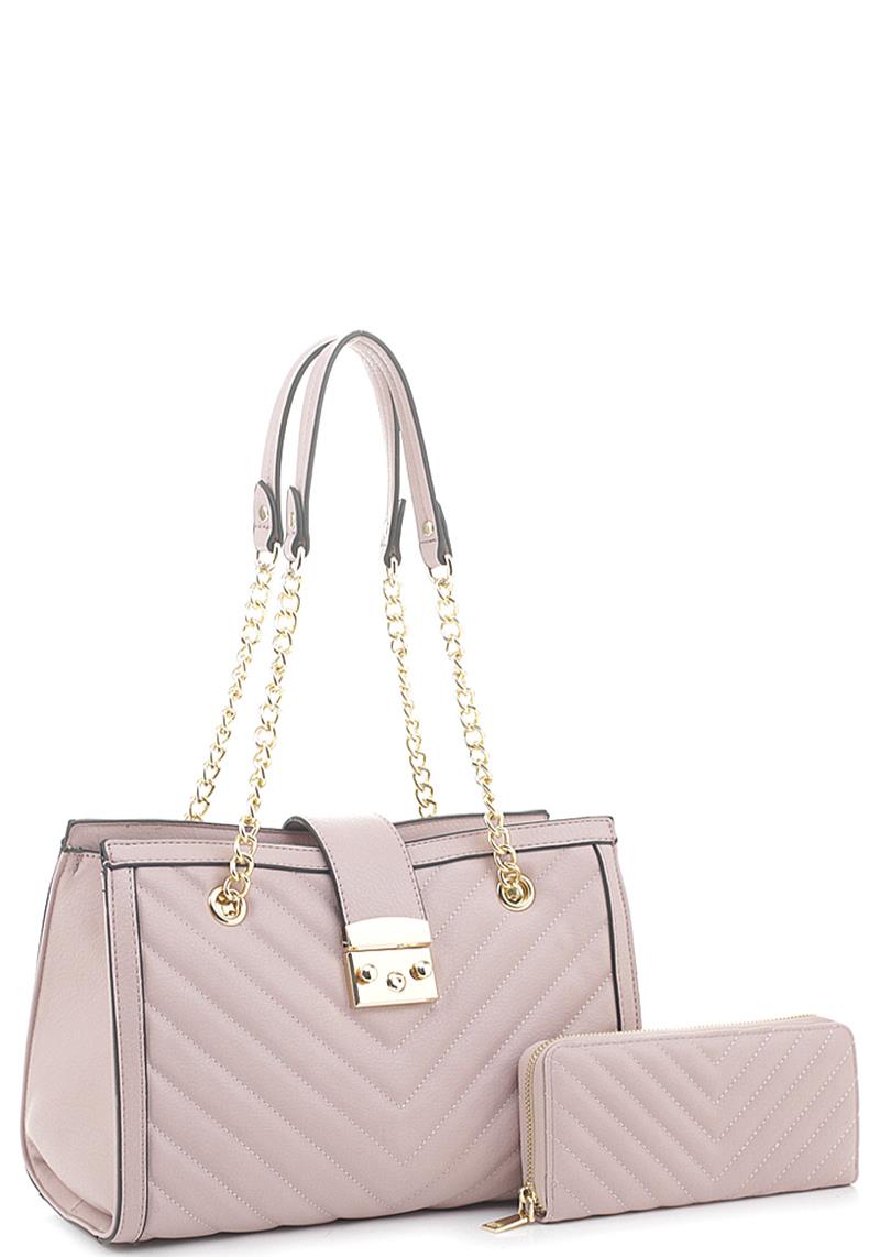 2IN1 CHEVRON DESIGN METAL CHIC TOTE BAG WITH MATCHING WALLET SET