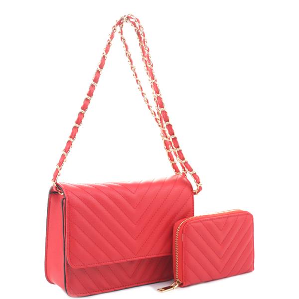 2IN1 QUILTED V DESIGN CROSSBODY BAG WITH MATCHING WALLET SET